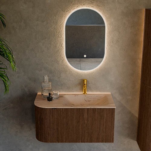 KURVE-DLUX 85cm mobili da bagno curva Sinistra colore Walnut con 1 cassetto e 1 porta. Lavabo CLOUD Destra 1 foro per rubinetto, colore Arena.-2