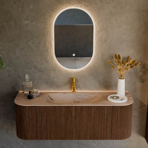 KURVE-DLUX 130cm mobili da bagno curva Sinistra + Destra colore Walnut con 1 cassetto e 2 porte. Lavabo BIG SMALL Centro 1 foro per rubinetto, colore Arena.-2