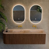 KURVE-DLUX 155cm bathroom vanity set curve Left color Walnut with 2 drawers and 1 door. Vanity top LEAF Double / Right without tab hole, color Arena.-2