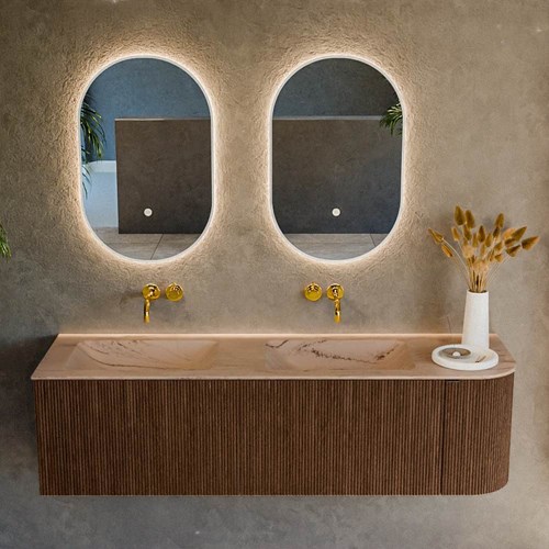 KURVE-DLUX 155cm badmeubel ronding Rechts kleur Walnut met 2 lades en 1 deur. Wastafel LEAF Dubbel / Links zonder kraangat Arena.-2