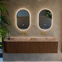 KURVE-DLUX 175cm mueble de baño curva Izquierda color Walnut con 2 cajones y 1 puerta. Lavabo STOR SMALL Doble / Derecho sin orificio Arena.-2