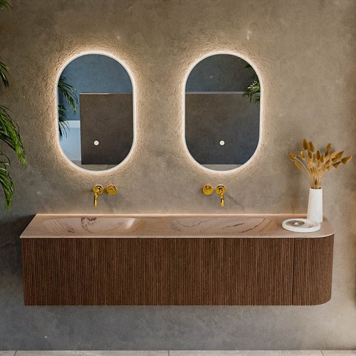 KURVE-DLUX 175cm badmöbel kurve Rechts farbe Walnut mit 2 schubladen und 1 tür. Einbauwaschbecken STOR SMALL Doppelt / Links kein hahnloch Arena.-2
