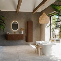 KURVE-DLUX 130cm mobili da bagno curva Sinistra + Destra colore Walnut con 1 cassetto e 2 porte. Lavabo BIG SMALL Centro 1 foro per rubinetto, colore Arena.-3