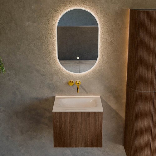 KURVE-DLUX 50cm mobili da bagno colore Walnut con 1 cassetto e 0 porte. Lavabo GRUNNE Centro senza foro per il rubinetto, colore Meli.-2