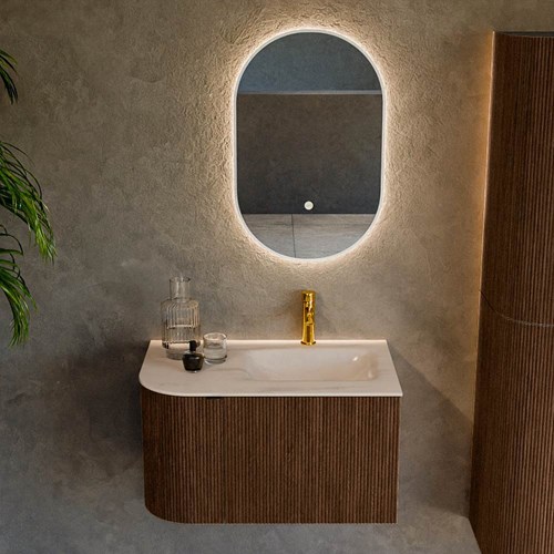 KURVE-DLUX 75cm mueble de baño curva Izquierda color Walnut con 1 cajón y 1 puerta. Lavabo GRUNNE Derecho 1 orificio Meli.-2