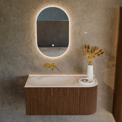 KURVE-DLUX 95cm mueble de baño curva Derecha color Walnut con 1 cajón y 1 puerta. Lavabo BIG SMALL Izquierda sin orificio Meli.-2