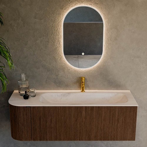 KURVE-DLUX 135cm meubles de salle de bains courbe Gauche couleur Walnut avec 1 tiroir et 1 porte. Lavabo BIG MEDIUM Droite 1 trou pour robinetter, couleur Meli.-2