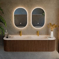 KURVE-DLUX 170cm meubles de salle de bains courbe Gauche + Droite couleur Walnut avec 1 tiroir et 2 portes. Lavabo LEAF Double 2 trous robinetterie, couleur Meli.-2