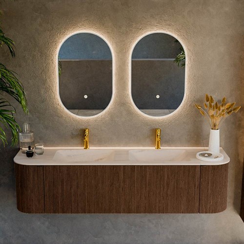 KURVE-DLUX 170cm badmeubel ronding Links + Rechts kleur Walnut met 1 lade en 2 deuren. Wastafel LEAF Dubbel 2 kraangaten Meli.-2