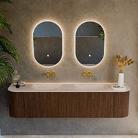 KURVE-DLUX 180cm mobili da bagno curva Sinistra + Destra colore Walnut con 2 cassetti e 2 porte. Lavabo LEAF Doppio senza foro per il rubinetto, colore Meli.-2