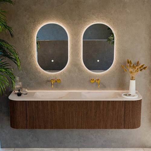 KURVE-DLUX 180cm mobili da bagno curva Sinistra + Destra colore Walnut con 2 cassetti e 2 porte. Lavabo LEAF Doppio senza foro per il rubinetto, colore Meli.-2