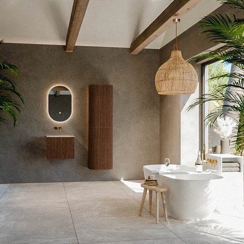 KURVE-DLUX 50cm mobili da bagno colore Walnut con 1 cassetto e 0 porte. Lavabo GRUNNE Centro senza foro per il rubinetto, colore Meli.-3