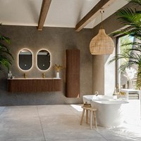 KURVE-DLUX 170cm meubles de salle de bains courbe Gauche + Droite couleur Walnut avec 1 tiroir et 2 portes. Lavabo LEAF Double 2 trous robinetterie, couleur Meli.-3