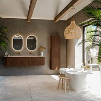 KURVE-DLUX 180cm mobili da bagno curva Sinistra + Destra colore Walnut con 2 cassetti e 2 porte. Lavabo LEAF Doppio senza foro per il rubinetto, colore Meli.-3