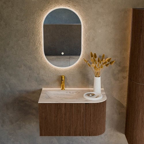 KURVE-DLUX 75cm meubles de salle de bains courbe Droite couleur Walnut avec 1 tiroir et 1 porte. Lavabo GRUNNE Gauche 1 trou pour robinetter, couleur Nata.-2