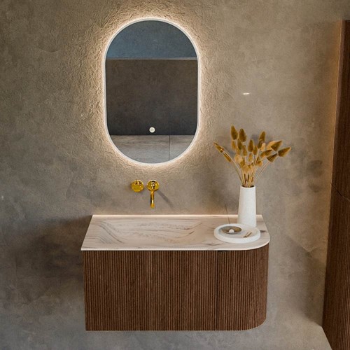KURVE-DLUX 85cm badmeubel ronding Rechts kleur Walnut met 1 lade en 1 deur. Wastafel CLOUD Links zonder kraangat Nata.-2