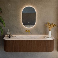 KURVE-DLUX 160cm meubles de salle de bains courbe Gauche + Droite couleur Walnut avec 1 tiroir et 2 portes. Lavabo BIG MEDIUM Centrée sans trou pour robinet, couleur Nata.-2