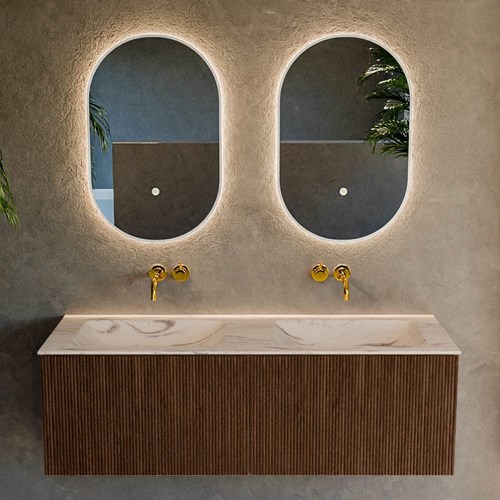 KURVE-DLUX 130cm meubles de salle de bains couleur Walnut avec 2 tiroirs et 0 portes. Lavabo LEAF Double sans trou pour robinet, couleur Nata.-2