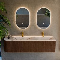 KURVE-DLUX 165cm meubles de salle de bains courbe Gauche couleur Walnut avec 2 tiroirs et 1 porte. Lavabo STOR SMALL Double / Droite 2 trous robinetterie, couleur Nata.-2