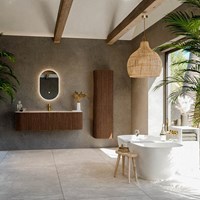 KURVE-DLUX 150cm mueble de baño curva Izquierda + Derecha color Walnut con 1 cajón y 2 puertas. Lavabo BIG MEDIUM Centro 1 orificio Nata.-3