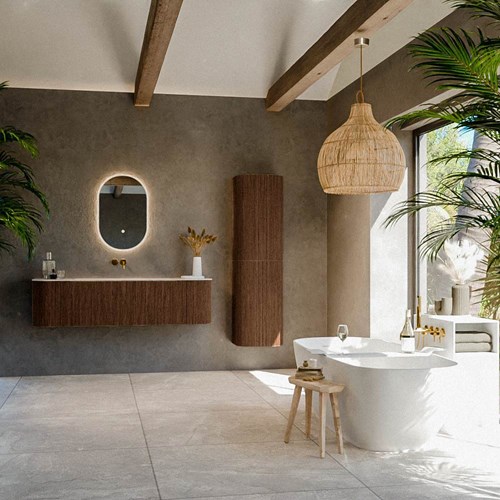 KURVE-DLUX 160cm meubles de salle de bains courbe Gauche + Droite couleur Walnut avec 1 tiroir et 2 portes. Lavabo BIG MEDIUM Centrée sans trou pour robinet, couleur Nata.-3