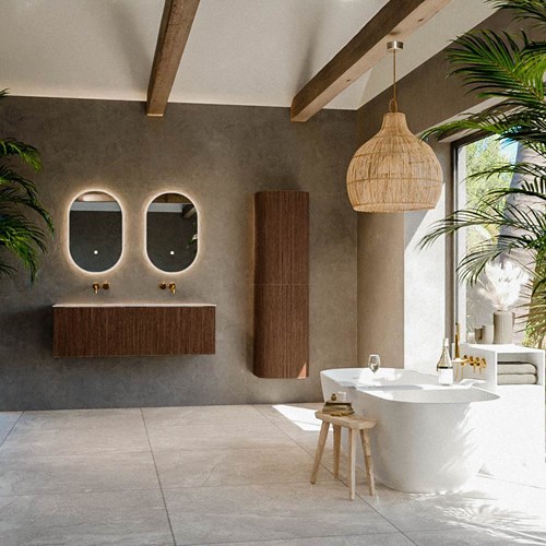 KURVE-DLUX 130cm meubles de salle de bains couleur Walnut avec 2 tiroirs et 0 portes. Lavabo LEAF Double sans trou pour robinet, couleur Nata.-3