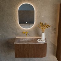KURVE-DLUX 85cm badmeubel ronding Rechts kleur Walnut met 1 lade en 1 deur. Wastafel CLOUD Links zonder kraangat Oza.-2