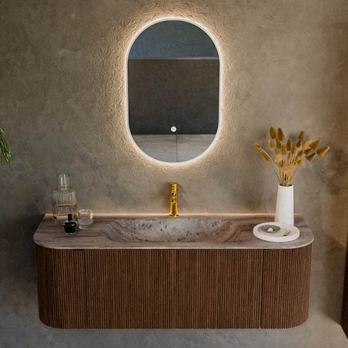 KURVE-DLUX 130cm mueble de baño curva Izquierda + Derecha color Walnut con 1 cajón y 2 puertas. Lavabo BIG SMALL Centro 1 orificio Oza.-2