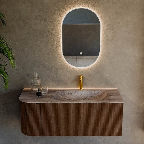 KURVE-DLUX 115cm mobili da bagno curva Sinistra colore Walnut con 1 cassetto e 1 porta. Lavabo BIG SMALL Destra 1 foro per rubinetto, colore Oza.-2