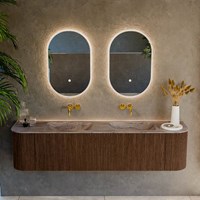 KURVE-DLUX 180cm badmeubel ronding Links + Rechts kleur Walnut met 2 lades en 2 deuren. Wastafel LEAF Dubbel zonder kraangat Oza.-2
