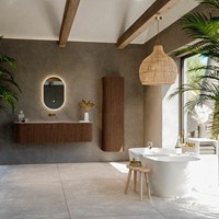 KURVE-DLUX 160cm meubles de salle de bains courbe Gauche + Droite couleur Walnut avec 1 tiroir et 2 portes. Lavabo BIG MEDIUM Centrée sans trou pour robinet, couleur Oza.-3