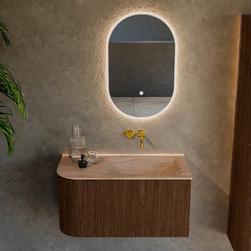 KURVE-DLUX 85cm badmeubel ronding Links kleur Walnut met 1 lade en 1 deur. Wastafel CLOUD Rechts zonder kraangat Saba.-2