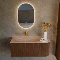KURVE-DLUX 105cm badmeubel ronding Rechts kleur Walnut met 1 lade en 1 deur. Wastafel BIG SMALL Links 1 kraangat Saba.-2