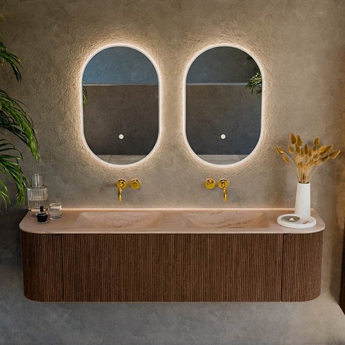 KURVE-DLUX 170cm mueble de baño curva Izquierda + Derecha color Walnut con 1 cajón y 2 puertas. Lavabo LEAF Doble sin orificio Saba.-2
