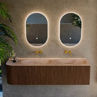 KURVE-DLUX 165cm meubles de salle de bains courbe Gauche couleur Walnut avec 2 tiroirs et 1 porte. Lavabo STOR SMALL Double / Droite sans trou pour robinet, couleur Saba.-2