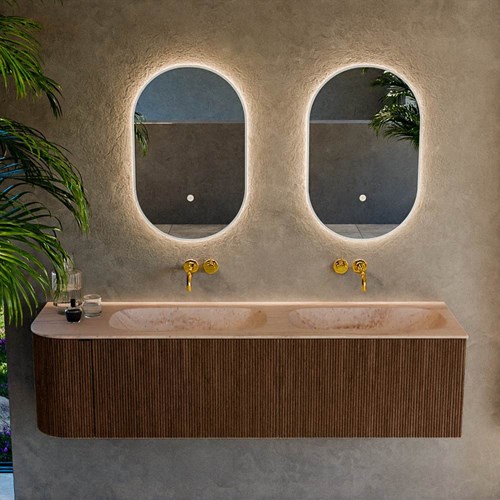 KURVE-DLUX 165cm meubles de salle de bains courbe Gauche couleur Walnut avec 2 tiroirs et 1 porte. Lavabo STOR SMALL Double / Droite sans trou pour robinet, couleur Saba.-2
