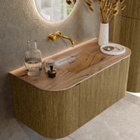 KURVE-DLUX 100cm bathroom vanity set curve Left + Right color Dusk with 1 drawer and 2 doors. Vanity top GRUNNE Center without tab hole, color Arena.