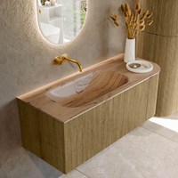 KURVE-DLUX 115cm bathroom vanity set curve Right color Dusk with 1 drawer and 1 door. Vanity top BIG SMALL Left without tab hole, color Arena.