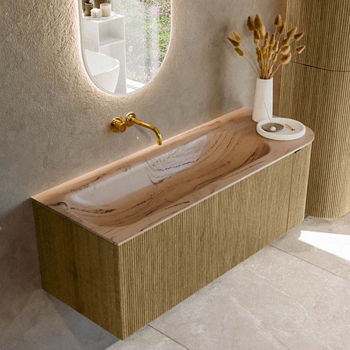 KURVE-DLUX 125cm bathroom vanity set curve Right color Dusk with 1 drawer and 1 door. Vanity top BIG MEDIUM Left without tab hole, color Arena.