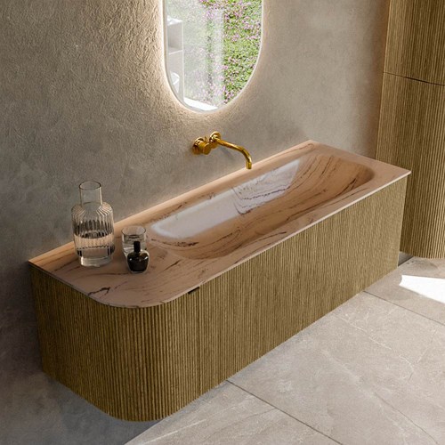 KURVE-DLUX 135cm mobili da bagno curva Sinistra colore Dusk con 1 cassetto e 1 porta. Lavabo BIG MEDIUM Destra senza foro per il rubinetto, colore Arena.