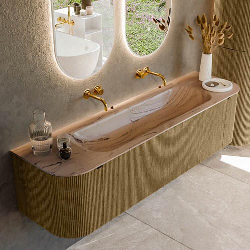 KURVE-DLUX 170cm meubles de salle de bains courbe Gauche + Droite couleur Dusk avec 1 tiroir et 2 portes. Lavabo BIG LARGE Centrée sans trou pour robinet, couleur Arena.