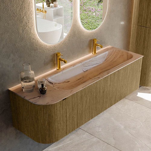 KURVE-DLUX 145cm mueble de baño curva Izquierda color Dusk con 1 cajón y 1 puerta. Lavabo BIG LARGE Derecho 2 orificios Arena.