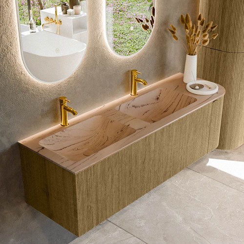 KURVE-DLUX 145cm mueble de baño curva Derecha color Dusk con 1 cajón y 1 puerta. Lavabo LEAF Doble / Izquierda 2 orificios Arena.