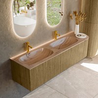 KURVE-DLUX 165cm mueble de baño curva Derecha color Dusk con 2 cajones y 1 puerta. Lavabo STOR SMALL Doble / Izquierda 2 orificios Arena.