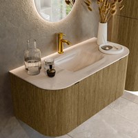 KURVE-DLUX 100cm mueble de baño curva Izquierda + Derecha color Dusk con 1 cajón y 2 puertas. Lavabo GRUNNE Centro 1 orificio Meli.