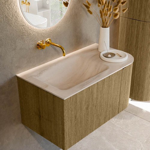 KURVE-DLUX 85cm bathroom vanity set curve Right color Dusk with 1 drawer and 1 door. Vanity top CLOUD Left without tab hole, color Meli.