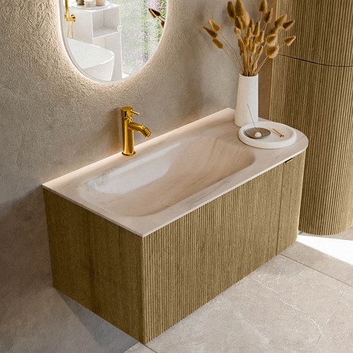 KURVE-DLUX 95cm bathroom vanity set curve Right color Dusk with 1 drawer and 1 door. Vanity top BIG SMALL Left 1 tab hole, color Meli.