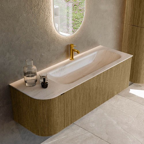 KURVE-DLUX 135cm mobili da bagno curva Sinistra colore Dusk con 1 cassetto e 1 porta. Lavabo BIG MEDIUM Destra 1 foro per rubinetto, colore Meli.