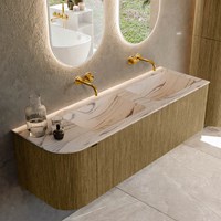 KURVE-DLUX 145cm mobili da bagno curva Sinistra colore Dusk con 1 cassetto e 1 porta. Lavabo LEAF Doppio / Destra senza foro per il rubinetto, colore Nata.