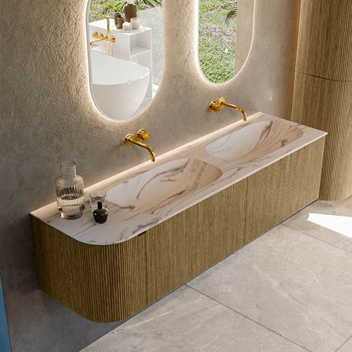 KURVE-DLUX 165cm badmeubel ronding Links kleur Dusk met 2 lades en 1 deur. Wastafel STOR SMALL Dubbel / Rechts zonder kraangat Nata.